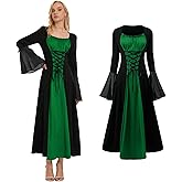 NFAUEIK Renaissance Costume for Women,Medieval Dress with Trumpet Sleeves,Vampire Witch Gothic Dress for Halloween
