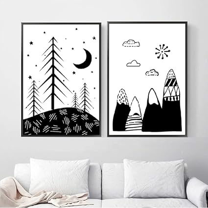 Noir Blanc Coeur Montagne Montagne étoile De Lune Nuage Mur