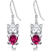 LONAGO Cat Earring with Synthetic Birthstone Cat Dangle Earrings Gift for Women