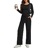 UpSpark Women’s 2 Piece Lounge Set – Long Sleeve Ruched Top & Wide Leg Pants, Casual Matching Outfit for Travel & Spring Fall