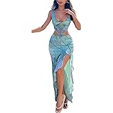 LXUAMR Sexy Two Piece Outfits for Women Summer Deep V Neck Print Spaghetti Strap Tank Top Split Maxi Skirt Set