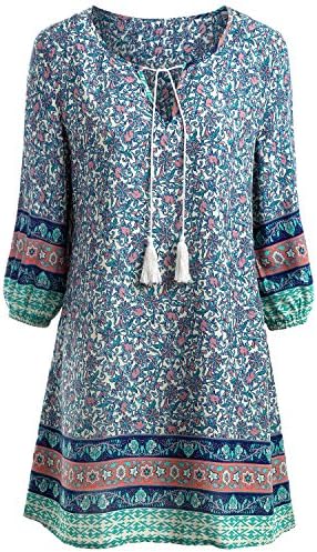 MeiC Women's Split Neck 3/4 Sleeve Ethnic Floral Printed Tunic Dress X-Large Blue Floral