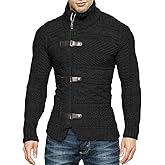 Men's Slim Fit Cable Chunky Knit Full Zip Up Button Turtle Neck Sweaters Cardigans