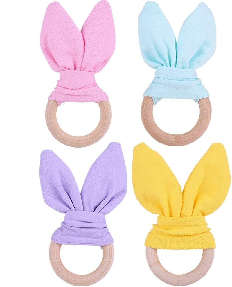 4 Pcs Baby Teether Natural and Adorable Wooden Teether Organic Teething Ring for Baby