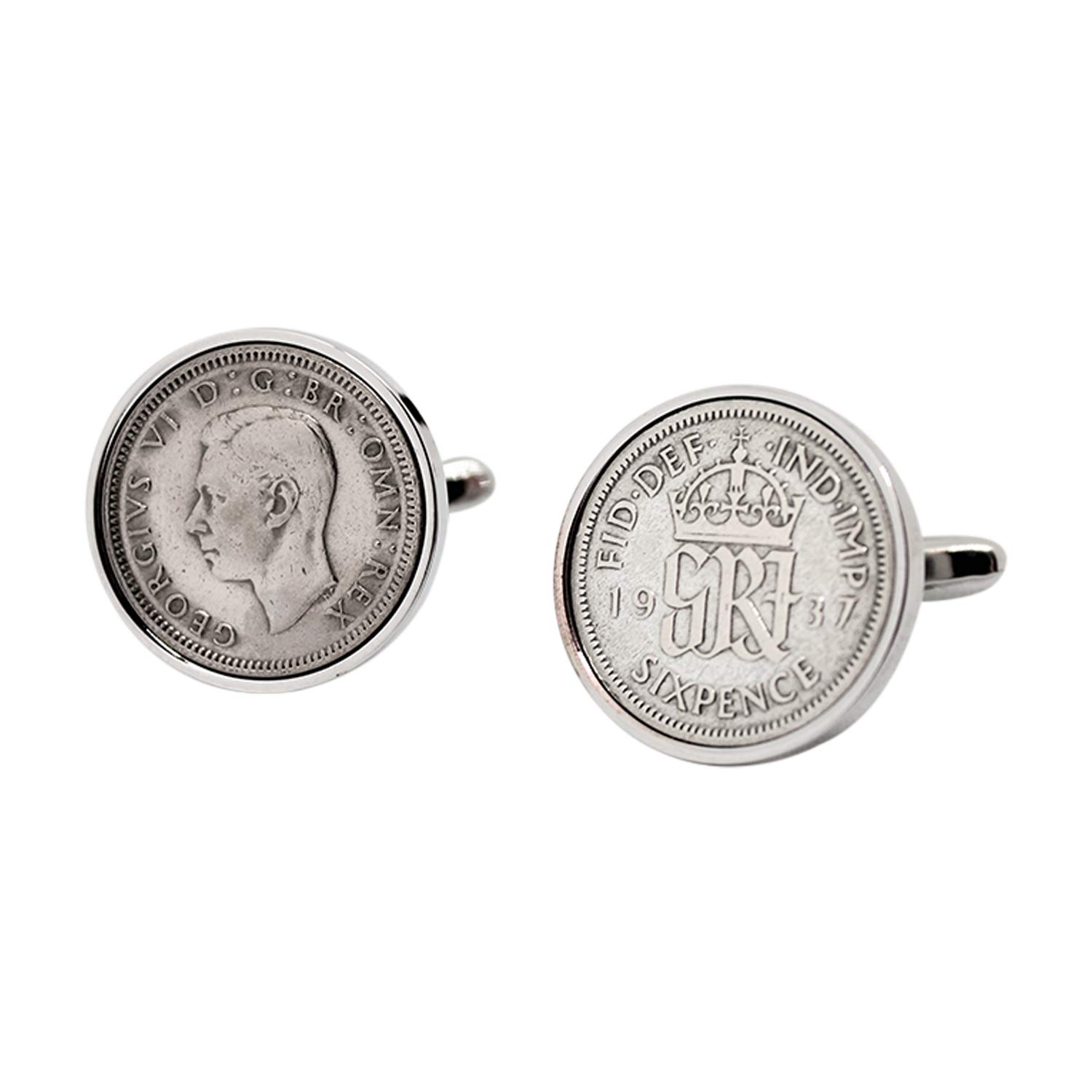 Worldcoincufflinks - Cufflinks - Rhodium plated - 84th Birthday- 1937 English Sixpence Cufflinks