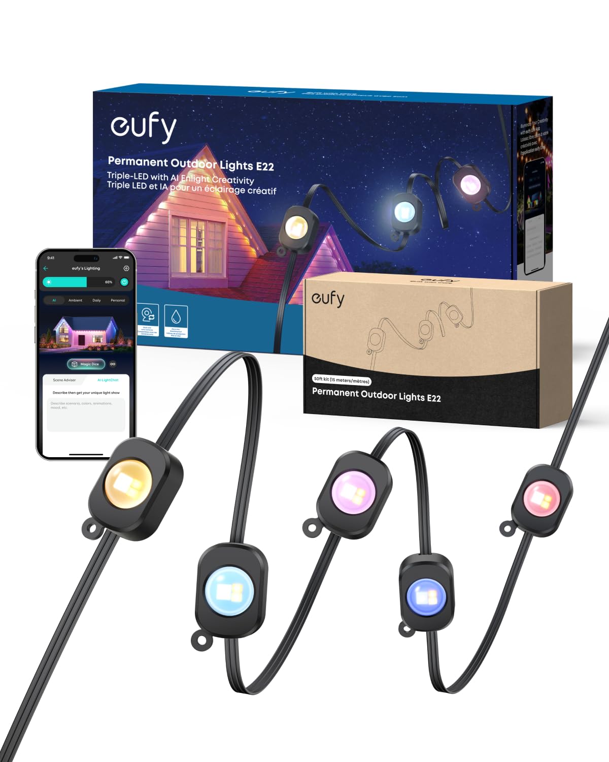 eufy Permanent Outdoor Lights E22, 100ft+ 50ft kit (Total 150ft) with 90 Triple-LED Lights, Smart RGBWW, Up to IP67 Waterproof, AI Light Themes for Halloween, Christmas, Works with eufy Cams, Black Image