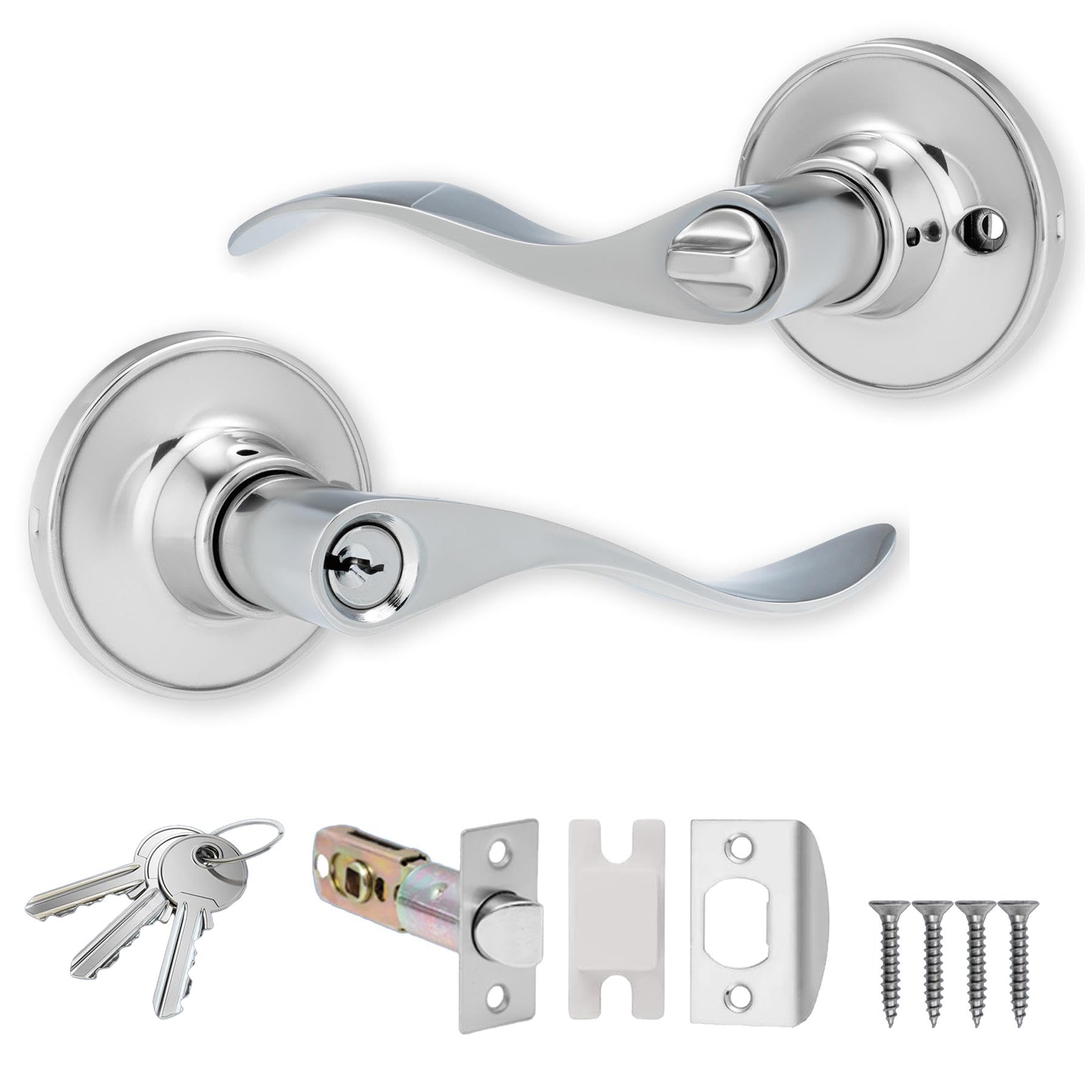 XFORT Cabriole Entrance Knob Set Polished Chrome, Door Knob with Lock for Internal Wooden Doors, Complete Set with Tubular Latch and 3 Keys