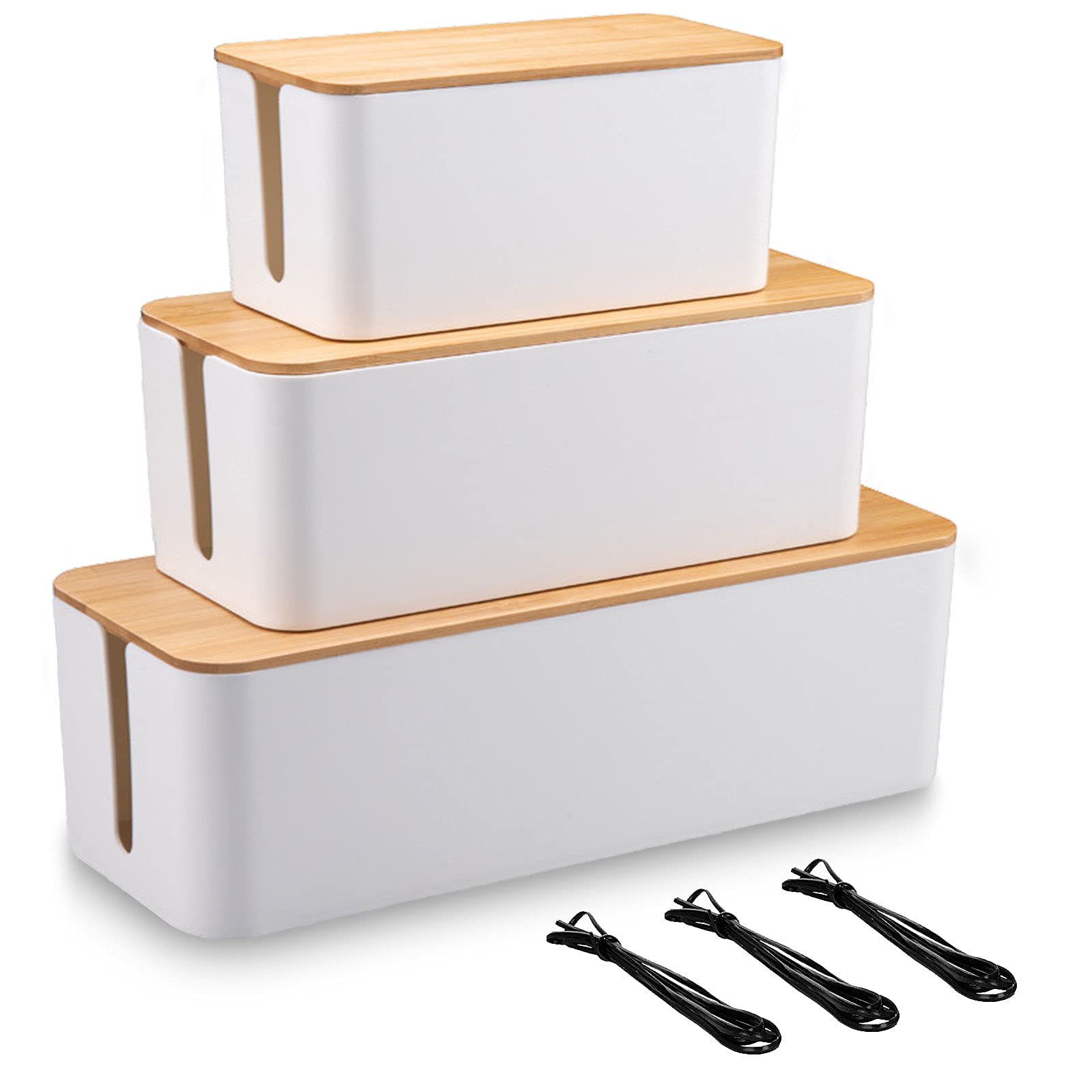 EVADOW Set of 3 Cable Management Box with Bamboo Lid, White Wire Core Cable Tidy Box Conceal and Hide Cable Wire Extension Organizer Box for Home, Office | Size for Large, Medium, Small