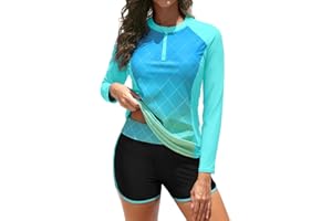YONIQUE Women Long Sleeve Rash Guard - Two Piece Swimsuit with Shorts UPF 50+ Bathing Suit Built in Bra Surf Swim Shirt