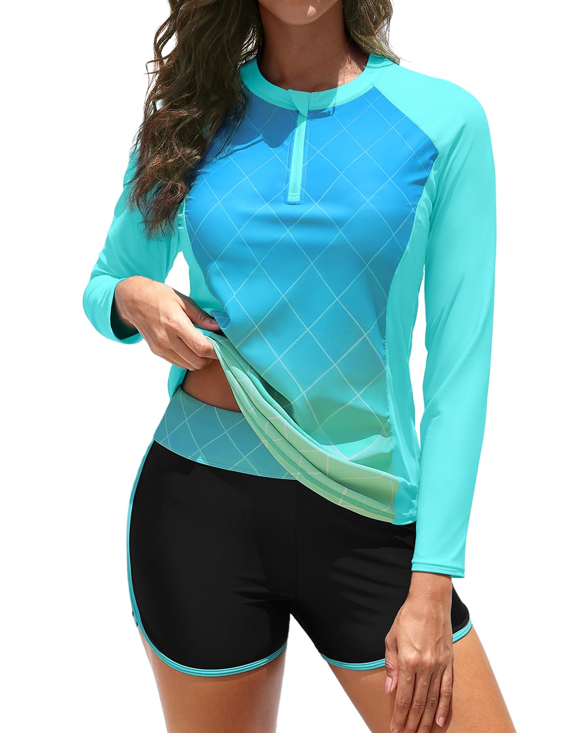 Photo 1 of Women Long Sleeve Rash Guard - Two Piece Swimsuit with Shorts UPF 50+ Bathing Suit Built in Bra Surf Swim Shirt Green Gradient XXL
