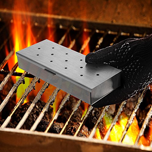 Smoker Box + BBQ Grill Glove, Stainless Steel Wood Chip Smoking Box for Gas or Charcoal Grills. Add Smokey Flavors to Barbecue Meats. Use a 932Â°F Heat Resistant Oven Glove to Keep Your Hand Safe.