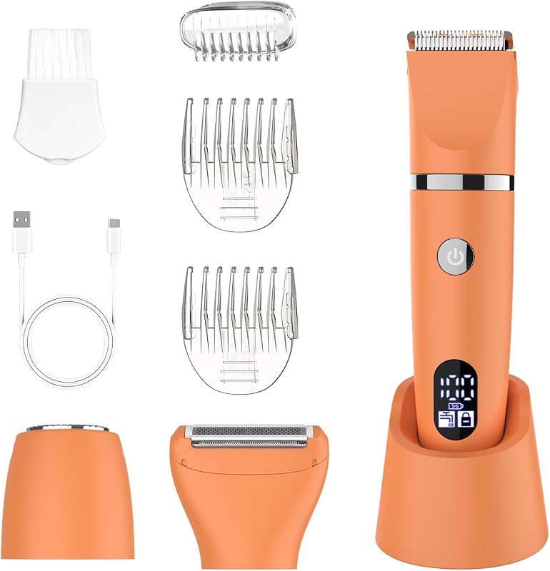 Rasoio elettrico per donna Viso Bikini Corpo Tagliapeli corporeo per donna Epilatore per zona Bikini-Trimmer Impermeabile IPX7 Display LCD Uso a secco/bagnato,Arancione