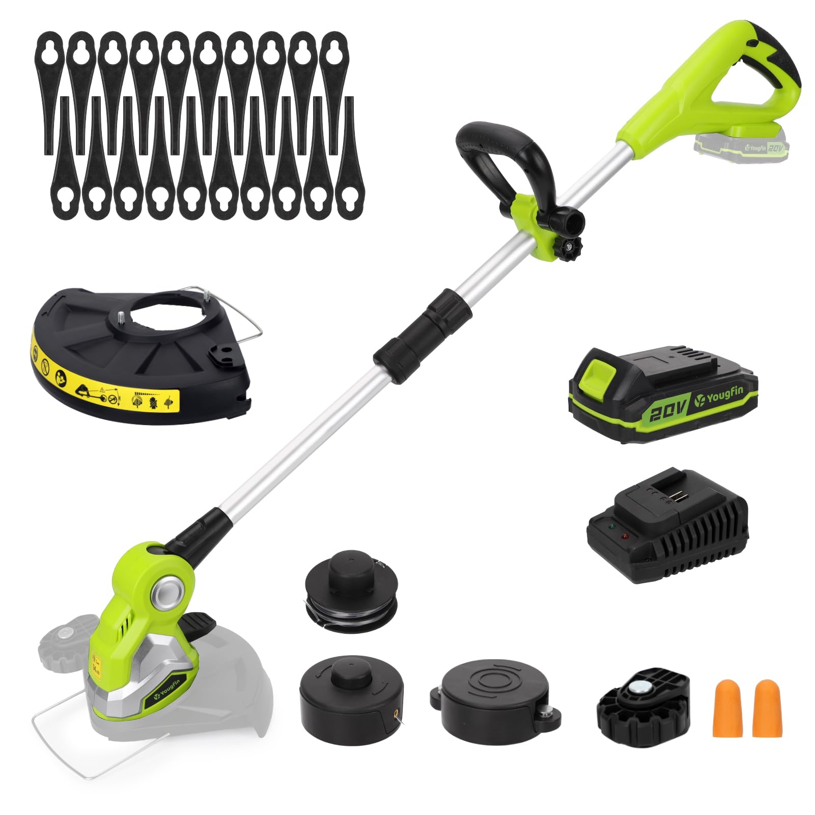 Photo 1 of 20V Cordless String Trimmer, Yougfin 10” Grass Cutter with Auto Line Feed 2.0Ah Battery Powered Grass Mover with Auto Line Feed, 3 in 1 Lawn Edger with 20 Pcs Blades and 2 Spool Cap for Yard, Garden