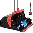 Large Upright Broom and Dustpan, Heavy Duty Dust Pan with 51" Long Handle for Indoor Outdoor Garage Kitchen Room (Black and Red)