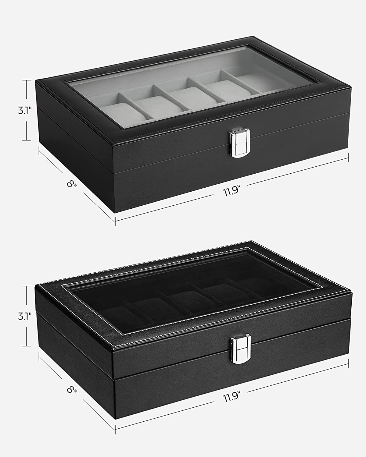 SONGMICS Watch Box Bundle, 12-Slot Watch Case with Glass Lid, Watch Holder with Removable Watch Pillow, Velvet Lining, Metal Clasp, Watch Display, Black UJWB12BK and UJWB012B01