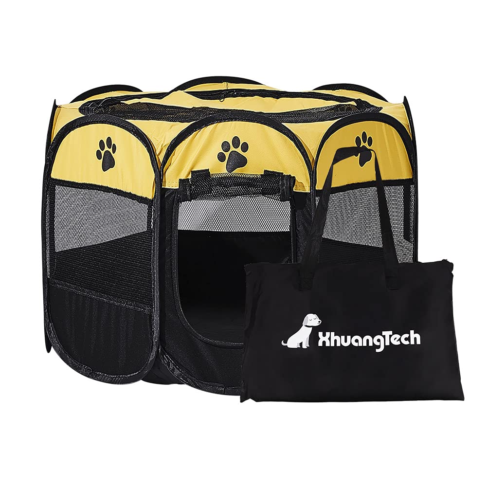 XianghuangTechnology Soft Fabric Portable Foldable Pet Dog Cat Puppy Playpen, Indoor/Outdoor use Pet Kennel Cage D31" x H23" (Yellow)