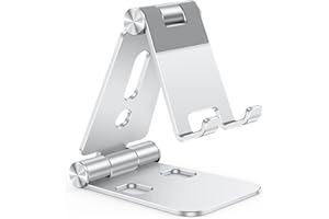 OMOTON Foldable Cell Phone Stand, C4 Portable Aluminum Phone Holder, Adjustable Phone Dock Cradle Compatible with iPhone 17/16/15 Pro Max Air, Samsung Galaxy, Small Tablets, All Smart Phones, Silver