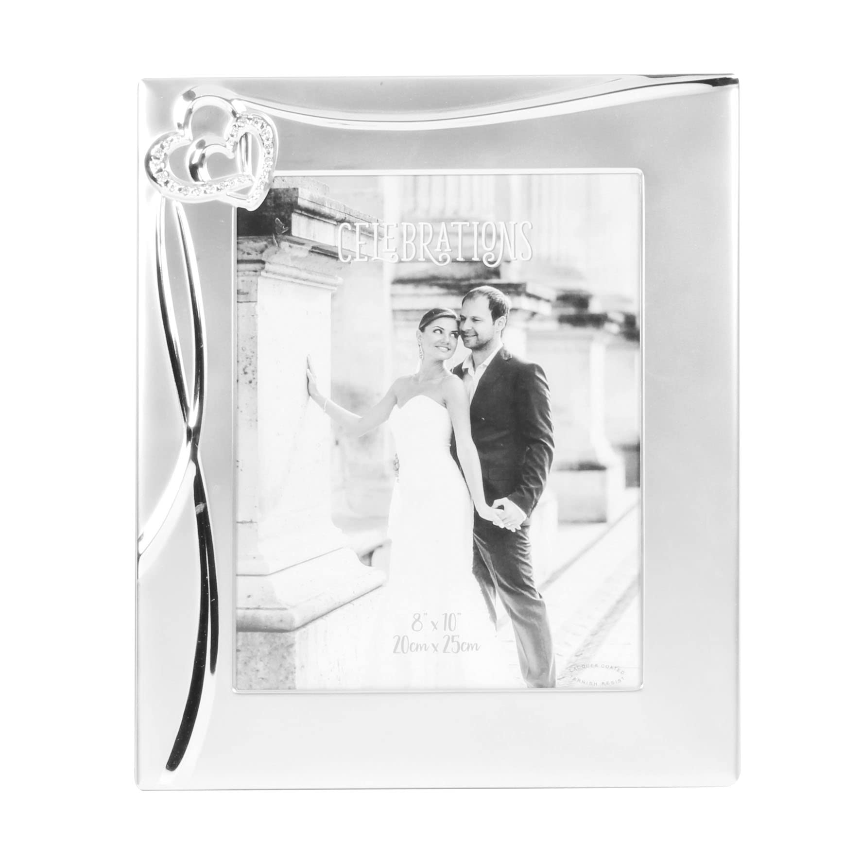Silver Plated Photo Frame Wedding Anniversary 8" x 10" with Hearts and Crystals