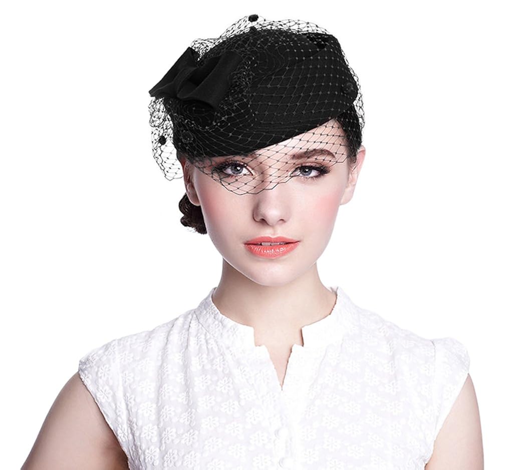 Aniwon Wool Pillbox Hat Retro British Style Cocktail Party Wedding Fascinator Veil