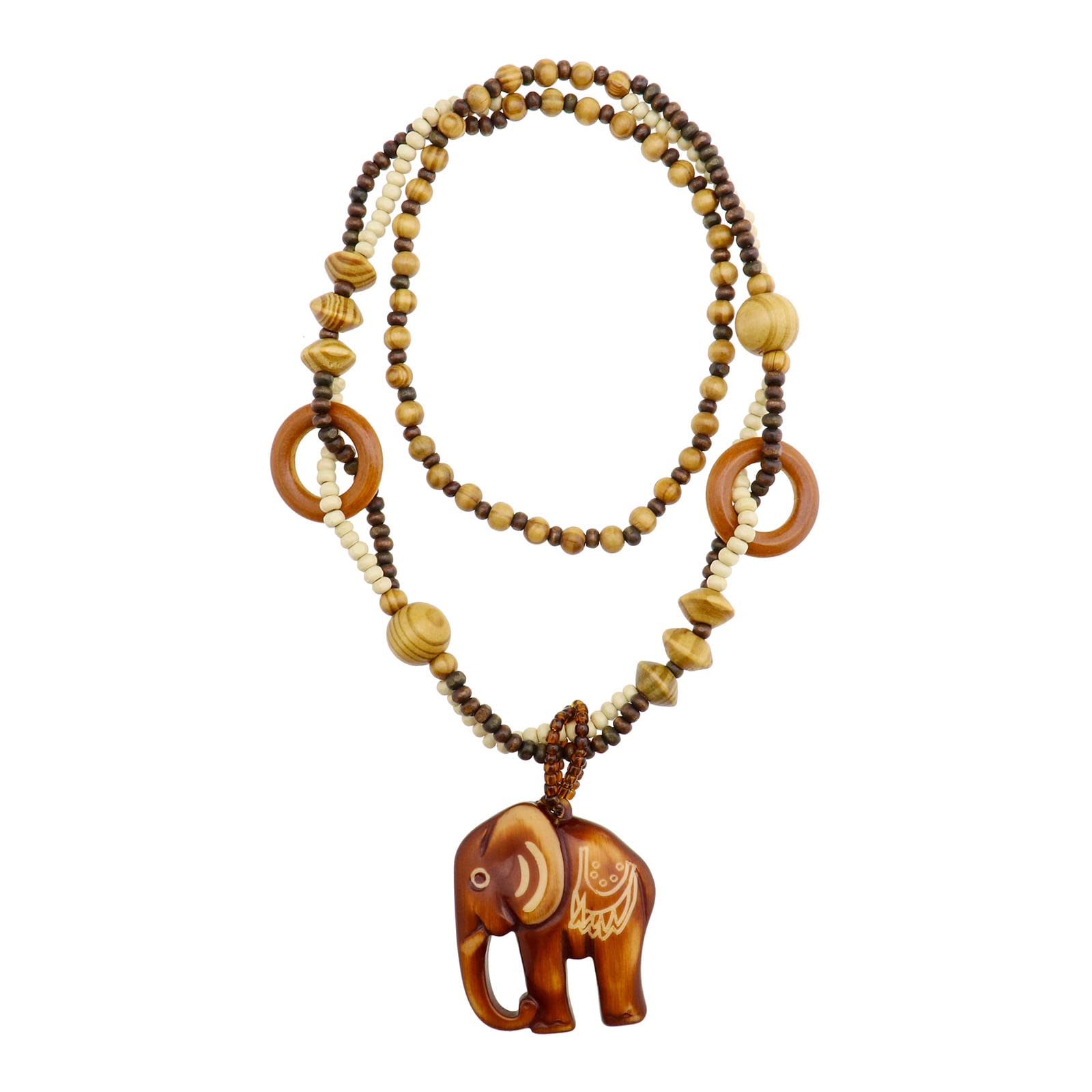 YINETTECH Vintage Ethnic Wood Elephant Pendant Wooden Bead Necklace Long Sweater Chain Women Vintage Necklace Jewelry Gift for Birthday Mother's Day, Valentine's Day