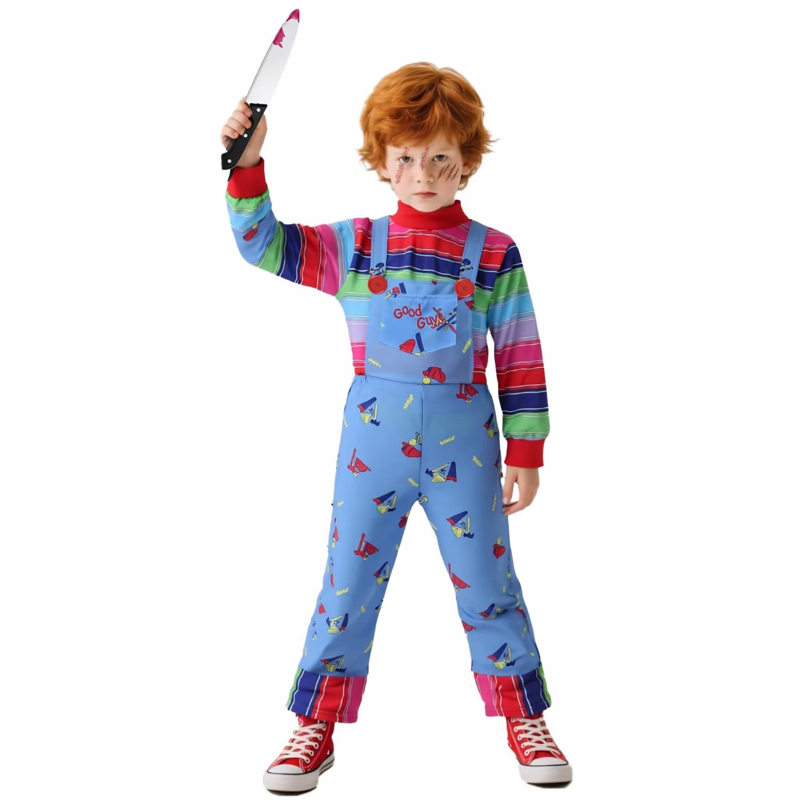 Photo 1 of VIIOMUYE Chucky Costume For Kids,Boys And Girl Jumpsuit Includes Tattoo Scars And Toy Knife Childrens Hollween Costumes Toddler