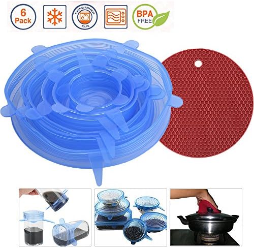 Silicone Stretch Lids Reusable Durable Bowl Covers Expandable BPA Free Food Huggers for Platters, Dishes, Dishwasher, Jars, Oven, Microwave, Freezer Safe, 6 Pack of Various