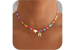 Eaciy Christmas Gifts for Grandkids Teens Girls - Colorful Beaded Initial Necklace Teen Girl Gifts Trendy Stuff Dainty Letter Choker Necklace Stocking Stuffers for Teen Girls Women Jewelry