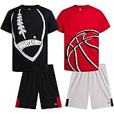 RBX Boys Shorts Set - 4 Piece Poly Interlock Soft Fleece Short Sleeve Graphic Tees and Athletic Gym Shorts for Boys