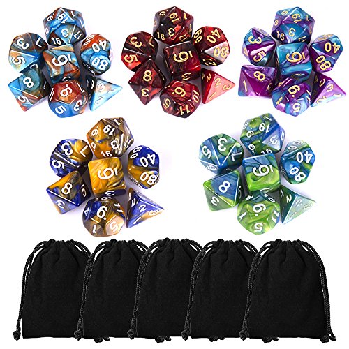 35 Pieces Polyhedral Dice, Double-Colors Polyhedral Game Dice with 5 Pack Black Pouches for RPG Dungeons and Dragons Pathfinder DND RPG MTG D20 D12 D10 D8 D4 Table Game