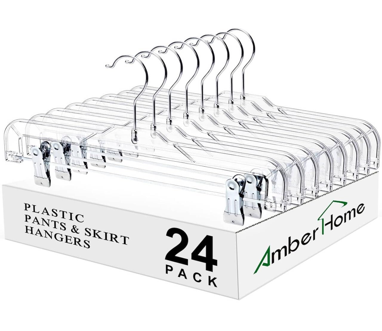 Photo 1 of Amber Home 24 Pack Clear Plastic Jeans Pants Skirt Hangers, Bottom Hangers with Adjustable Clips & 360 Swivel Hook, Crystal Clear Plastic Clothes Hangers for Jeans, Pants, Skirts, Short