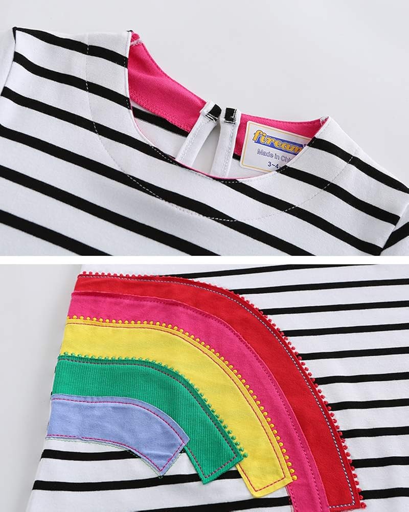 Fiream Girls Dresses Cotton Striped Cartoon Applique Casual Animal Printed Outfits Dress: Clothing