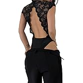 SweatyRocks Women's Sexy Floral Lace Trim Bodysuit Backless Deep V Neck Lingerie Jumpsuit Sheer Date Night Romper