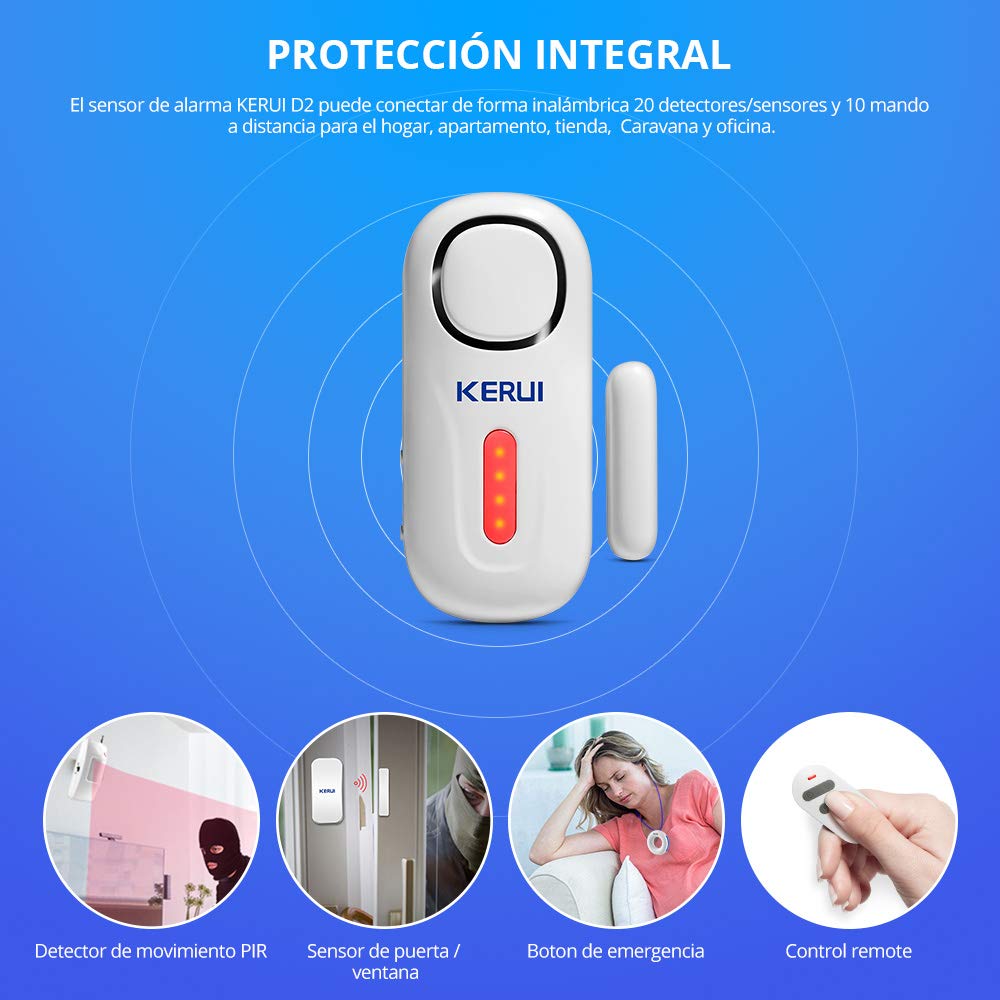 KERUI D2 Sensor de Alarma para Puertas y Ventanas con Sistema de Alarma inalámbrico para el hogar, 4 Zonas para el casa, Garaje, Oficina - 1 Alarma de ...