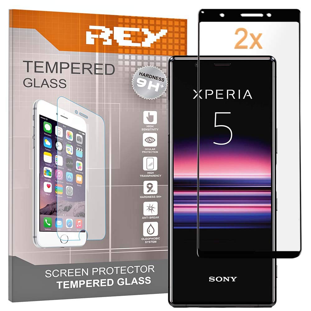REY 3D Screen Protector for SONY XPERIA 5, Black, Tempered Glass Film, Premium quality, Perfect protection for scratches, breaks, moisture, Full Protection, 3D, 4D, 5D, [Pack 2x]