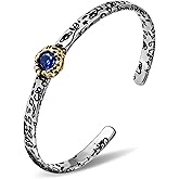 Irideket Silver Blue Bangles for Women – Sterling Silver Plated Cuff Bracelet, Vintage Bracelet with Blue Rhinestone, Engraved Adjustable Bangle Jewelry