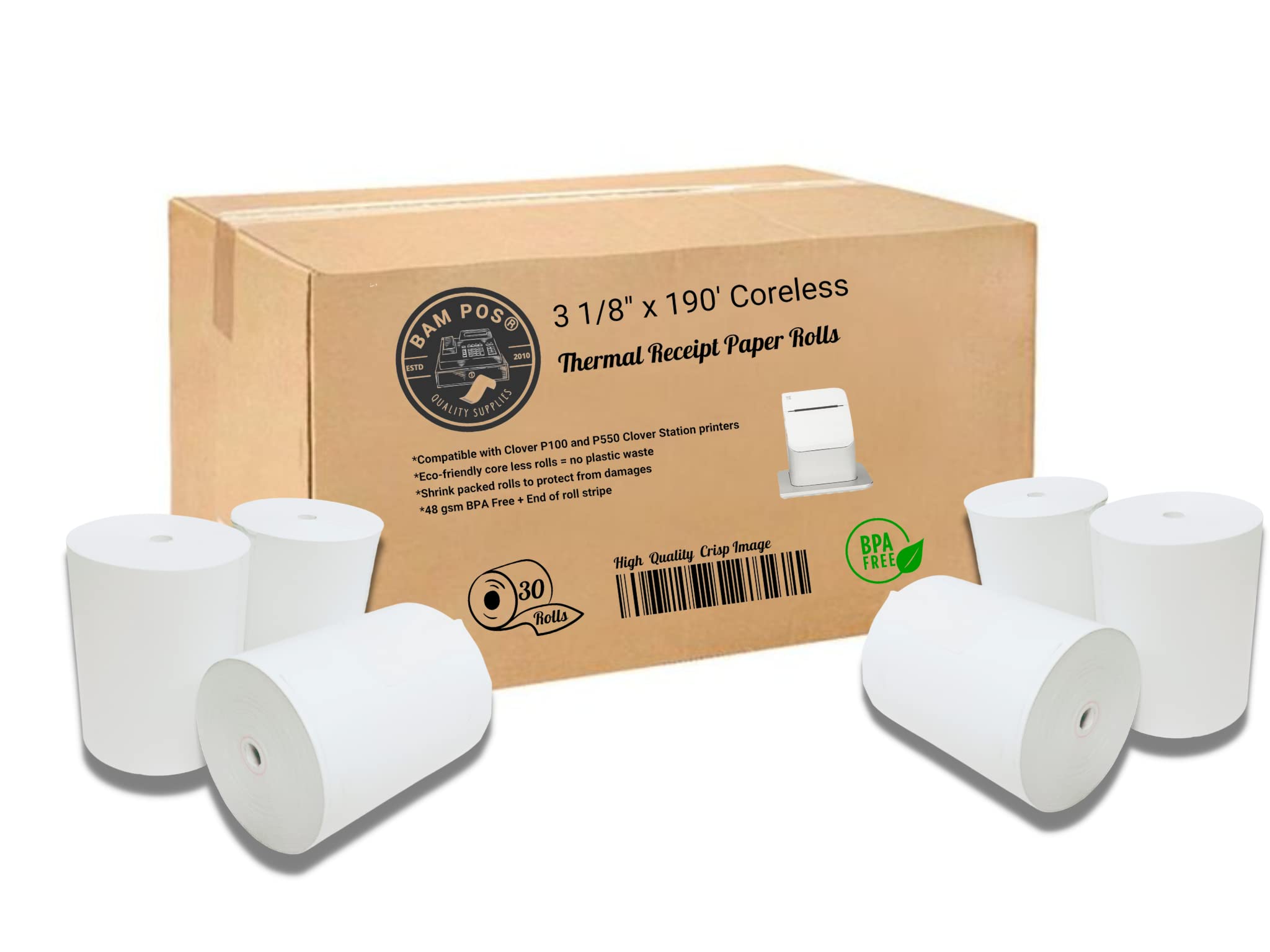 Photo 1 of BAM POS 3 1/8 x 190 Thermal Paper Rolls - Large Receipt Roll - Compatible with Clover Stations, P100, P550, SCP700, Square Stations (30 Rolls Per Case)