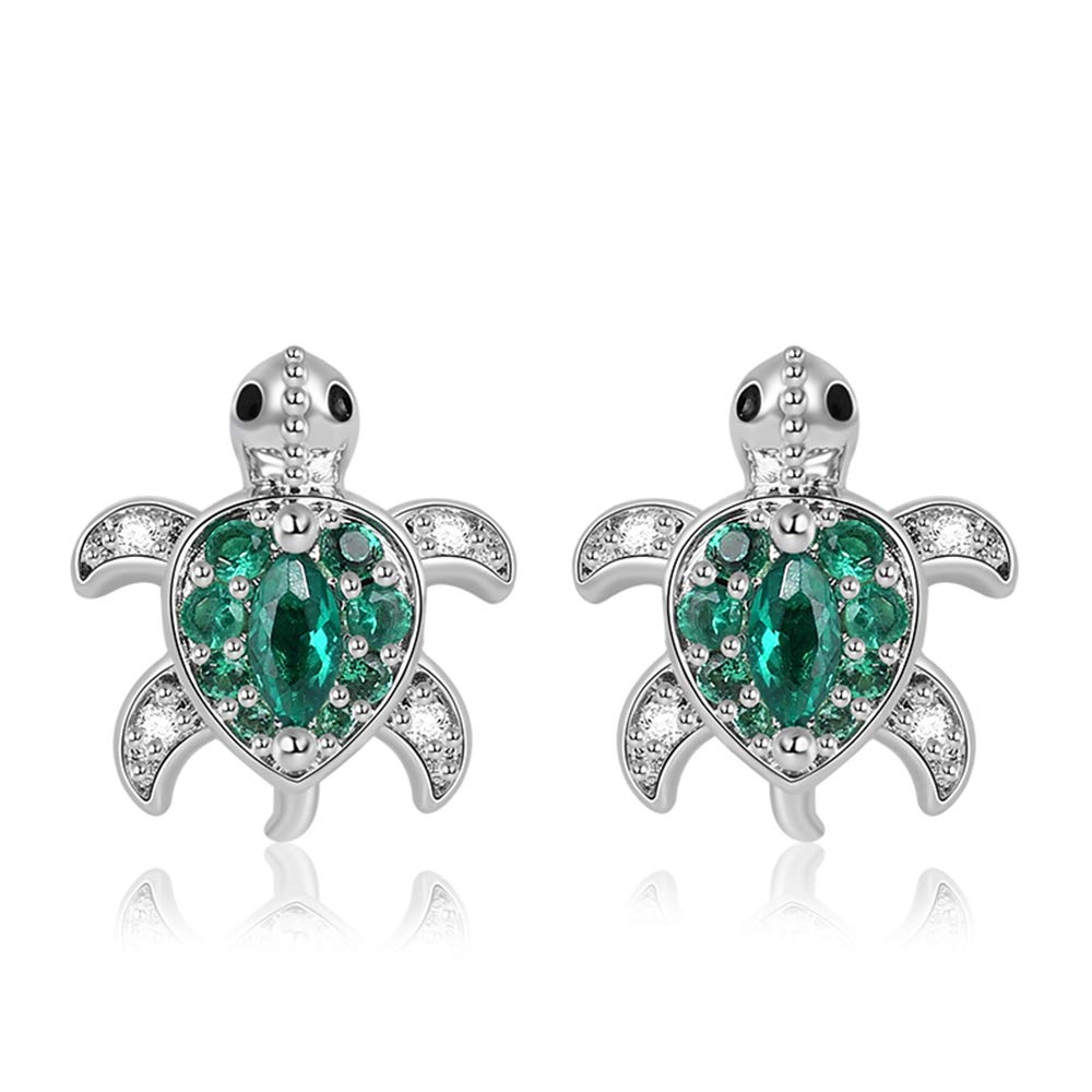 Gnoce Green Turtle Stud Earrings S925 Silver Turtle Dangle Earrings With CZ Animal Fashion Earrings Jewelry Gift for Women Girls