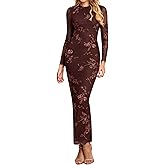 KUTUMAI Women Long Sleeve Floral Bodycon Maxi Dress 2025 Fall Elegant Mesh Formal Wedding Guest Cocktail Dresses