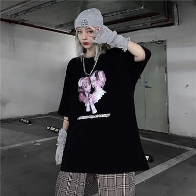 Amazon Yemocile メンヘラ 服 病みかわいい 原宿系 Tシャツ レディース 半袖 ゆったり 夏服 トップス プリント かわいい 韓国 ファッション カットソー Tシャツ カットソー 通販