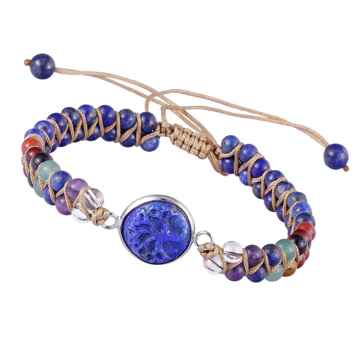 KYEYGWO 7 Chakras Crystal Lapis Lazuli Stone Beads Bracelet for Women and Men, Tree of Life Charms Adjustable Bangle for Prayer Balancing Yoga Meditation