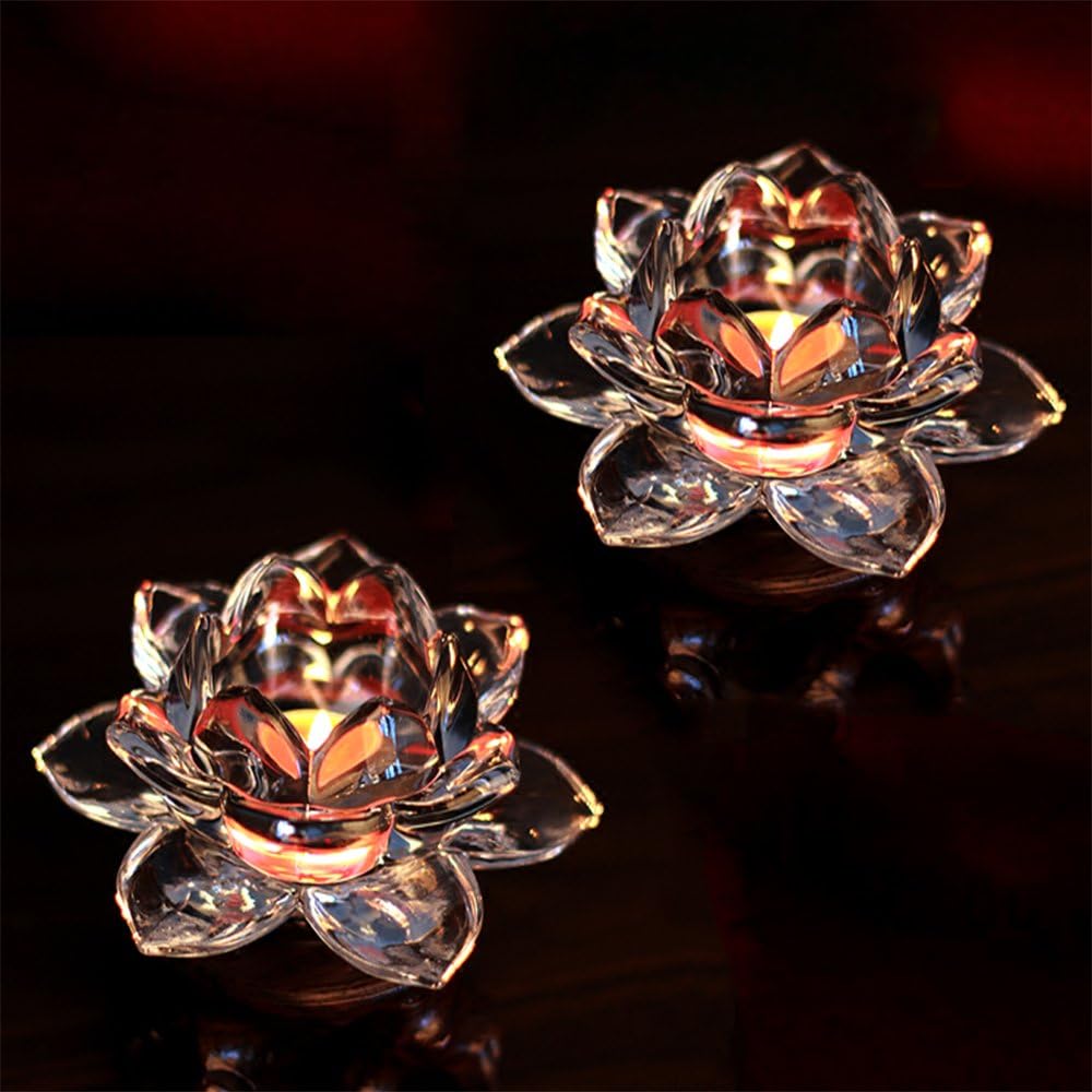 MORDUEDDE Lotus Glass Candle Holders Votive Crystal Led Tea Light Table Holders Decorative for Valentine's Day,Party,Wedding,Church,Set of 2