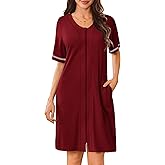 Ekouaer Women Zipper Robes Short Sleeves Housecoat Lightweight Bathrobes Zip Up Robe Casual Nightgown with Pockets S-2XL