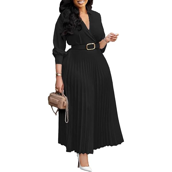 Women Elegant V-Neck Bow Tie Waist Belt Dress Long Sleeve Solid Pleated  Maxi Dress Black S at Amazon Women's Clothing store