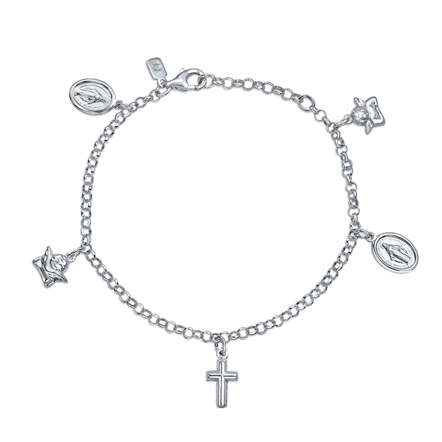 Bling Jewelry Protection Religious Medal Multi Virgin Mary Cross Angels Dangle Charm Bracelet For Women For Teen .925 Sterling Silver