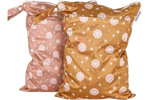 MOMIGO 2 pcs/set Wet Dry Bags for Baby Cloth Diapers - Reusable, Washable for Stroller, Diapers, Toiletries, Travel Bags, Beach, Pool, Gym Bag with Two Zippered Pockets 11.8 * 15.7 inch (Pink&Rainbow)