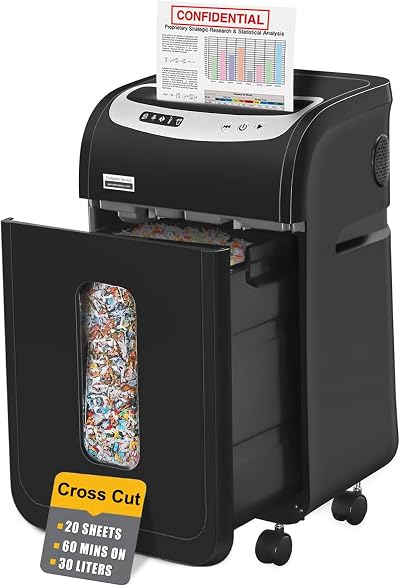 VidaTeco Cross Cut Paper Shredder 20-Sheet 60 Min Auto Jam Proof 30L Bin