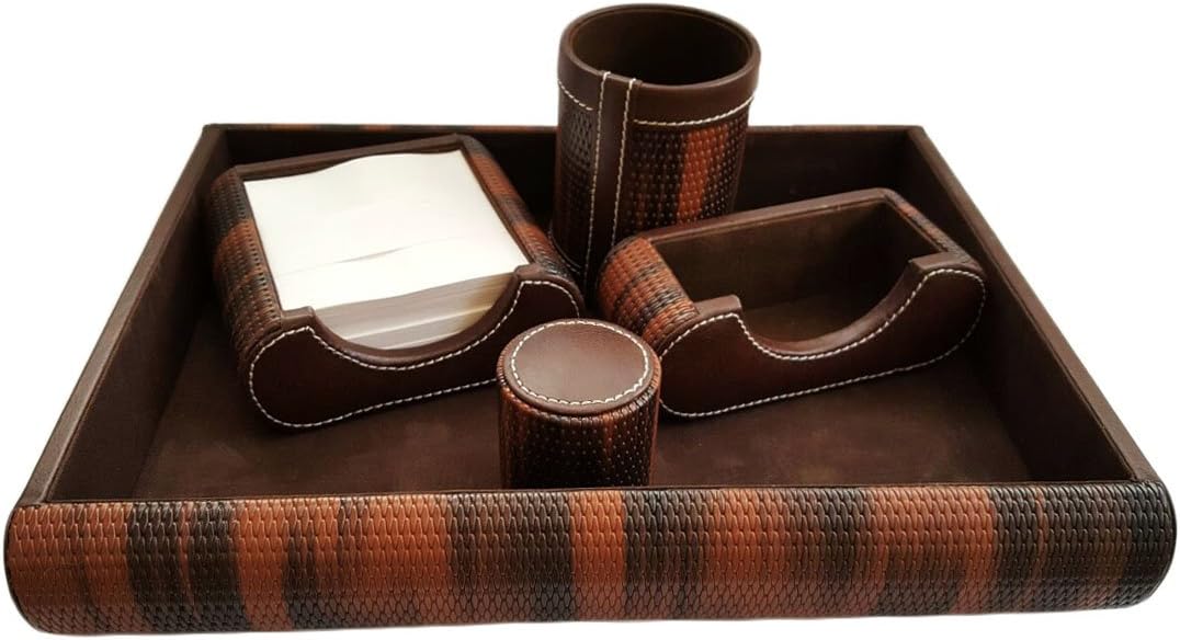 Krisha International 5 part Faux Leather Desktop Set - Brown/Brown&Tan (Letter Tray, Paper Weight, Pen Pot, Business Card Holder, Memo Block Holder)