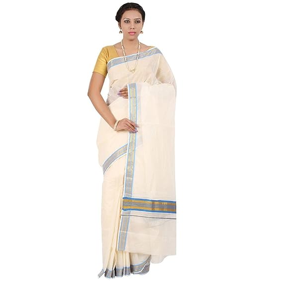 selvamani tex cotton kerala kasavu Fancy zari saree with white Running blouse