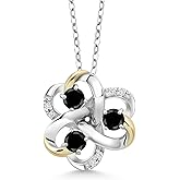 Gem Stone King 925 Silver and 10K Yellow Gold Round Black Diamond and White Moissanite 3-Stone Pendant Necklace For Women (0.86 Cttw, Gemstone April Birthstone, with 18 Inch Chain)