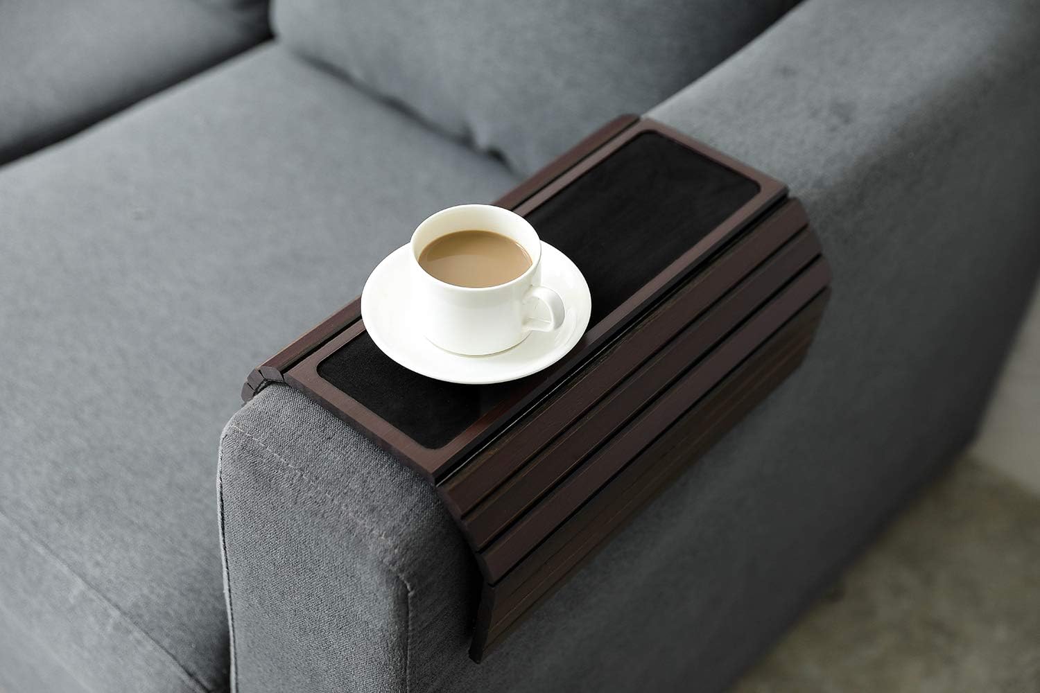 Sofa Arm Tray Table Slinky Secure/Flexible/Foldable Couch Tray Table with Non-Slip Mat for Drinks, Food, Phone or Remote. Sustainable Slinky Bamboo Design (16.5" L x 13.25" W x 0.4" H, Walnut Brown): Kitchen & Dining